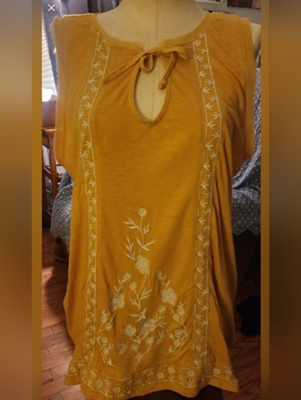 Boho Sleeveless Top By Dip, Size S, Mustard Color with White Embroidery